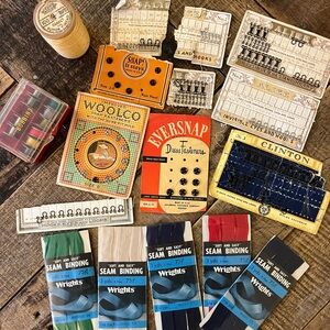 Vintage Sewing Lot—Navy, Red, Green, Cream, Black. Antique hook & eye, snaps etc